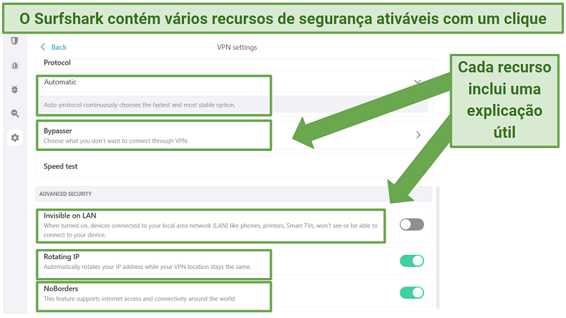 Surfshark's Windows app displaying security settings, like NoBorders and Rotating IP