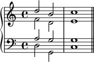 
    {
      \new PianoStaff <<
        \new Staff <<
            \new Voice \relative c'' {
                \stemUp \clef treble \key c \major \time 4/4
                d2 b c1
                }
            \new Voice \relative c' {
                \stemDown
                f2 d e1
                }
            >>
        \new Staff <<
            \new Voice \relative c' {
                \stemUp \clef bass \key c \major 
                a2 g g1
                }
            \new Voice \relative c {
                \stemDown
                d2 g, c1 \bar "||"
                }
            >>
    >> }
