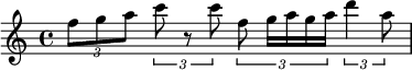 
\relative c'' {
\times 2/3 { f8 g a }
\times 2/3 { c8 r c }
\times 2/3 { f,8 g16[ a g a] }
\times 2/3 { d4 a8 }
}
