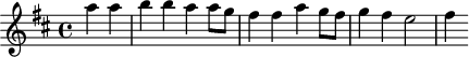 
\version "2.18.2"
\header {
  tagline = ##f
}

\score {
  \new Staff \with {

  }
<<
  \relative c''' {
    \key d \major
    \time 4/4
    %\set Staff.midiInstrument = #"violin"
    \override TupletBracket #'bracket-visibility = ##f 

     %%% Uccelini, Bergamasca
     \partial 2 a4 a b b a a8 g fis4 fis a g8 fis g4 fis e2 fis4

  }
>>
  \layout {
     \context { \Score \remove "Metronome_mark_engraver" }
  }
  \midi { \tempo 4 = 120 }
}
