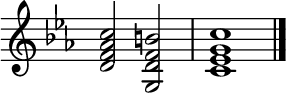  { 
 \new Staff \with{ \magnifyStaff #3/2 \remove "Time_signature_engraver" } \relative c' {
   \key c \minor \clef treble
   <d f aes c>2 <g, d' f b> | <c ees g c>1 \bar "|."
} }
