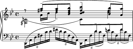 
{
\new PianoStaff
<<
  \new Staff
  {
    \clef treble
    \time 4/4
    \key g\minor
    <<
      {
        r8 <a'' fis''>8-- ( <a'' fis''> <bes'' fis'' d'' bes'> <c''' fis'' d'' c''>4-- <bes'' bes'>8 <a'' a'> )
      }
      \\
      {
        \once \override Tie #'control-points = #'((1 . -3.5) (11 . -7) (21 . -7) (31 . -3.5))
        <c'!~ fis>2 c'8 \change Staff="LeftHand" \stemUp d'^- e'^- fis'^-
      }
      \\
      {}
      \\
      {
        s8 a'16 ( c'' d''4--) s <fis'' d''>4
      }
    >>
  }
  \new Staff = "LeftHand"
  {
    \clef bass
    \key g\minor
    \times 4/6 {d,16 ( a, d fis c' d' } \times 4/6 {fis' d' c' fis d a,) } \slurDown \times 4/6 {d, a, fis d' ( c' fis ) } \times 4/6 {e' ( c' fis ) fis' ( c' fis ) }
  }
>>
}
