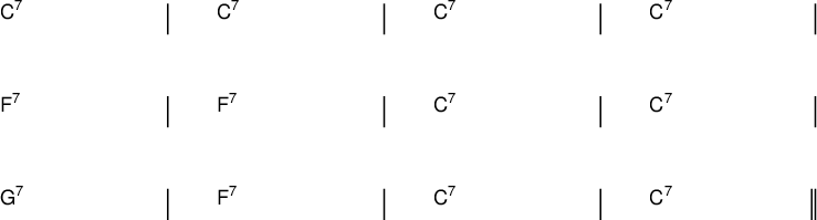 
{
\new ChordNames \with {
  \override BarLine #'bar-extent = #'(-2 . 2)
  \consists "Bar_engraver"
}
\chordmode {
  \override Score.BarNumber.break-visibility = ##(#f #f #f)
  \set Score.tempoHideNote = ##t \tempo 1 = 60
  c1:7 | c:7 | c:7 | c:7 | \break
  f:7 | f:7 | c:7 | c:7 |  \break
  g:7 | f:7 | c:7 | c:7 \bar "||"
} }
