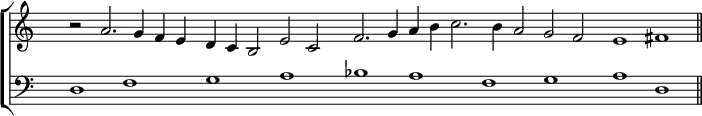 
\new ChoirStaff <<
   \new Staff <<
    \set Score.tempoHideNote = ##t
    \tempo 2 = 88
    \time 4/2
    \override Staff.TimeSignature.transparent = ##t
    \hide Staff.BarLine
    \set Score.skipBars = ##t
         \relative c''
         { r2 a2. g4 f e d c b2 e c f2. g4 a b c2. b4 a2 g f e1 fis \undo \hide Staff.BarLine \bar "||" }
          >>

    \new Staff <<
              \clef "bass"
              \override Staff.TimeSignature.transparent = ##t
              \hide Staff.BarLine
              \relative c { d1 f g a bes a f g a \undo \hide Staff.BarLine d, }
     >>

 >>
