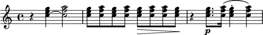 
\relative c'' {
r4 <c e g>~ <c f a>2 |
<c e g>8[ <c f a> <c e g> <c f a>]
<c e g>8\>[ <c f a> <c f a> <c e g>]\! |
r4 <c e g>8.\p <c f a>16( <c e g>4-. <c f a>) |
}
