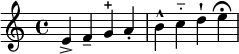 
  \relative c' {
  e-> f-- g-+ a-.
  b-^ c-_ d-! e\fermata
  }
