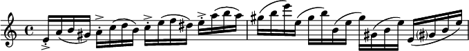
	 \relative c' { 
		e16-.->a(b gis)a-.->c(d b)c-.->e(f dis)e-.->a(b a)
		gis(b e)e,(gis b)b,(e gis)gis,(b e)e,(gis? b e)
	}
