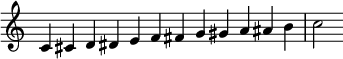  {
\override Score.TimeSignature #'stencil = ##f
\relative c' {
  \clef treble \time 12/4
  c4 cis d dis e f fis g gis a ais b
  c2
  }
}
