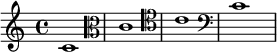 
\relative c' {
  \clef "treble"
  c1
  \clef "alto"
  c1
  \clef "tenor"
  c1
  \clef "bass"
  c1
}
