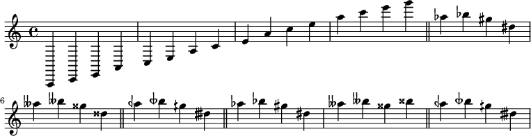 
  {
    a,, c, e, a, c e a c' %Middle C
    e' a' c'' e'' a'' c''' e''' g''' \bar "||"
    aes'' bes'' gis'' dis'' aeses'' beses'' gisis'' disis'' \bar "||"
    aeh'' beseh'' gih'' disih''  \bar "||"
    \language "english"
    af'' bf'' gs'' ds'' aff'' bff'' gss'' bx'' \bar "||"
    aqf'' btqf'' gqs'' dtqs''
  }
