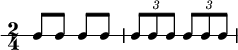  \new RhythmicStaff {
   \clef percussion
   \time 2/4
   \set Score.tempoHideNote = ##t \tempo 4 = 100
   c8 c c c
   \tuplet 3/2 { c8 c c } \tuplet 3/2 { c8 c c }
}
