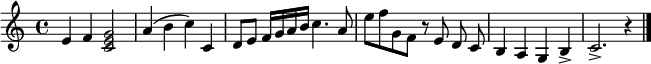 
 \relative c' {
  e f <c e g>2
  a'4( b c) c,
  d8 e f16 g a b
  c4. a8 e' f g, f r \autoBeamOff e d c
  b4 a g b-> c2.-> r4
  \bar "|."
  }
 