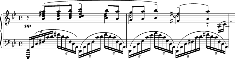 
{
\new PianoStaff
<<
  \new Staff
  {
    \set Score.currentBarNumber = #35
    \clef treble
    \time 4/4
    \key g\minor
    <<
      {
        b'8\rest <a'' fis'' d'' a'>-- ( <a'' fis'' d'' a'>-- <bes'' fis'' d'' bes'>-- <c''' fis'' d'' c''>4-- <bes'' bes'>8 <a'' a'> |
        <g'' g'> <a'' a'> <bes'' bes'>4-- ) <fis'' fis'>-- ( <a'' a'> )
      }
      \\
      {
        s2 s4 <fis'' d''> |
        <ees'' c''>2 <d'' c''>
      }
      \\
      {}
      \\
      {
        \slurUp
        s1 | s2. r8 a16 ( c'~ | \hideNotes c' )
      }
    >>
  }
  \new Dynamics {s8\pp}
  \new Staff
  {
    \clef bass
    \key g\minor
    \times 4/6 {<ees, ees,,>16 a, ( d fis c' d'} \times 4/6 {fis' d' c' fis d a, ) } \times 4/6 {d, ( a, d fis c' d'} \times 4/6 { fis' d' c' fis d a, ) } |
    \times 4/6 {d, ( a, d g c' ees' } \times 4/6 {g' ees' c' g d a,) } \times 4/6 {d, ( a, d fis c' d' } \times 4/6 {fis' d' c' fis d a, ) }
  }
>>
}
