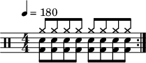 \version "2.22.0"
\header { tagline = ##f}
\score {
  \drums \with {midiInstrument = "drums"}
  \with { \numericTimeSignature }
  {
    \tempo 4 = 180
    \repeat volta 2 {
      <<{cymra8 cymra cymra cymra cymra cymra cymra cymra}\\{<bd sne>8 <bd sne>8 <bd sne>8 <bd sne>8 <bd sne>8 <bd sne>8 <bd sne>8 <bd sne>8 }>>\break
    }
  }
  \layout {}
}

\score {
  \unfoldRepeats {
    \drums \with {midiInstrument = "drums"}{
      \repeat volta 2 {
        <<{cymra8 cymra cymra cymra cymra cymra cymra cymra}\\{<bd sne>8 <bd sne>8 <bd sne>8 <bd sne>8 <bd sne>8 <bd sne>8 <bd sne>8 <bd sne>8 }>>\break
      }
    }
  }
  \midi { \tempo  4 = 180 }
}