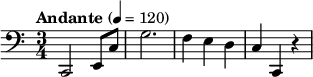 
\relative c, {
  \clef "bass"
  \time 3/4
  \tempo "Andante" 4 = 120
  c2 e8 c'
  g'2.
  f4 e d
  c4 c, r4
}
