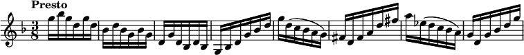 
{
% 0
 \tempo "Presto"
\numericTimeSignature \time 3/8 \key d \minor g''16 bes''16 g''16 d''16 g''16 d''16 bes'16 d''16 bes'16 g'16 bes'16 g'16 |
% 
% 1
 d'16 g'16 d'16 bes d'16 bes16 g16 bes16 d'16 g'16 bes'16 d''16 | g''16 d''16 ( c''16 bes'16 a'16 g'16 ) |
% 2
 fis'16 d'16 fis'16 a'16 d''16 fis''16 a''16 ees''16 ( d''16 c''16 bes'16 a'16 ) g'16 d'16 g'16 bes'16 d''16 g''16

\bar "|"
}

