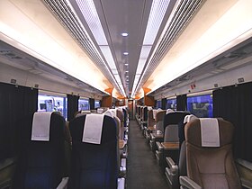 The interior of a GNER 'Project Mallard' refurbished Mark 3 First Class