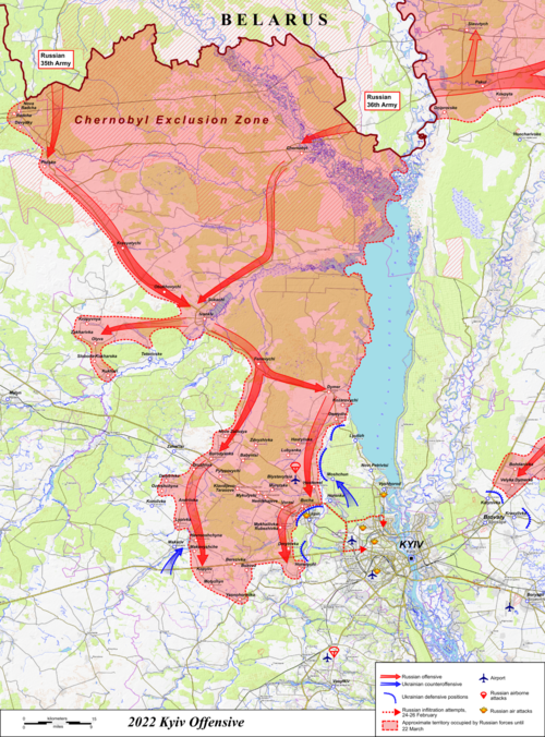 Carte de l'offensive de Kiev entre le 24 février et la mi-mars 2022