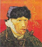 A portrait of Vincent van Gogh from the right; he is smoking a pipe, wearing a winter hat. His ear is bandaged and he has no beard.