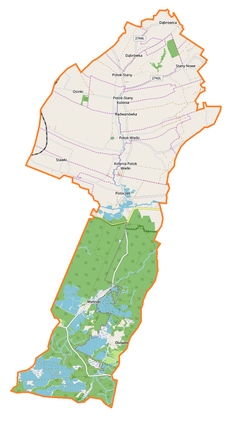 Mapa konturowa gminy Potok Wielki, po lewej nieco u góry znajduje się punkt z opisem „Stawki”