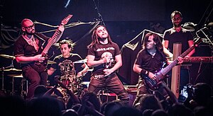 Myrath performing in Madrid, Spain (L-R: Malek Ben Arbia, Morgan Berthet, Zaher Zorgati, Anis Jouini, Elyes Bouchoucha)