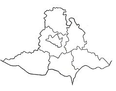 Mapa konturowa kraju południowomorawskiego, u góry znajduje się punkt z opisem „Kotvrdovice”