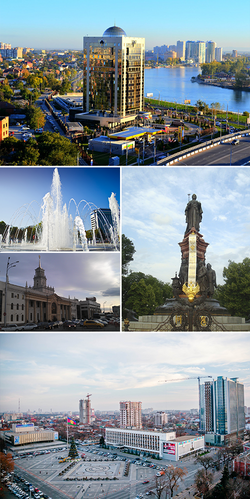 Top: View of Rosneft Building and Kubanonaberezhnaya Street, Middle upper left: Krasnodar Splash Fountain, Middle lower left: Krasnodar Railway-1 Station, Middle right: Catherine the Great Monument, Bottom: Krasnodar Theater Square