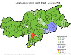 Ladinin puhuma-alue Etelä-Tirolissa vuonna 2011