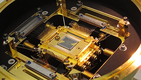 Microcalorimeter array of the Soft X-ray Spectrometer. The five-millimeter square forms a 36-pixel array. Each pixel is 0.824 millimeter on a side. The detector’s field of view is approximately three arcminutes.