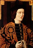 Svilena tkanina z oblikovanjem akanta in palmete na portretu Edwarda IV. Angleškega (1442-1483)