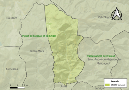 Carte des ZNIEFF de type 2 sur la commune.