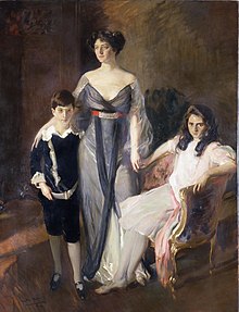 Portrait painting of 1 standing woman, 1 standing boy, and 1 sitting girl.