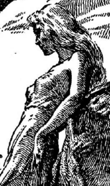 Black-and-white image of Liberty 5-3000 in profile leaning against a rock. Her hair is evidently blonde and visibly long, going down to the small of her back. Her tattered, one-piece clothing leaves her arms exposed. Parts of a leg and arm of Equality 7-2521 are visible in the left side of the image.