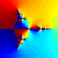 Generalized Newton fractal for p(z) = z3 − 1, a = −⁠1/2⁠. The colour was chosen based on the argument after 40 iterations.