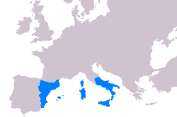 In blue: the medieval Crown of Aragon including the former kingdom of Aragon, c. 1250