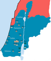 羅馬敘利亞行省（紅色）和大希律王治下的希律猶太王國（藍色），猶太行省的前身，耶穌也是在這個王國時期降生