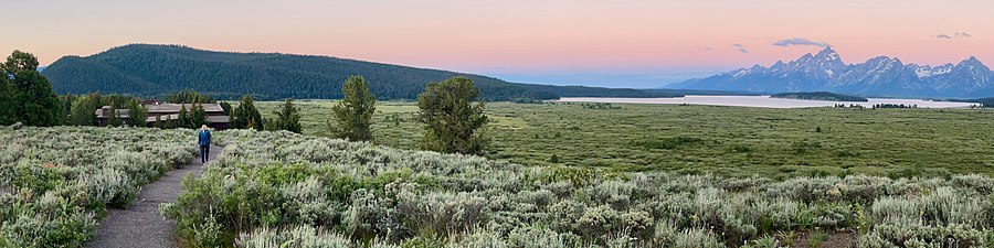 Jackson Lake Lodge at dawn. View of Willow Flats, Jackson Lake, and the Teton Range