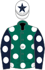 Dark green, white spots, dark blue sleeves, white spots, white cap, dark blue star