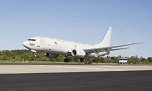 Pale gray jet aircraft touches down on clear day