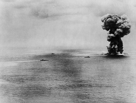 The super battleship Yamato explodes after persistent attacks from US aircraft.