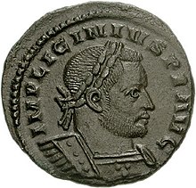 Brown coin depicting Licinius with laurel wreath facing right