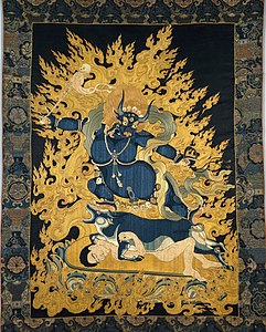 Yama Dharmapala, tibeto-chinês. Seda bordada, século XVIII