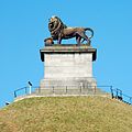 Un Lion belgique en bronze surmontant un imposant tertre de terre est édifié sur le site de la bataille de Waterloo