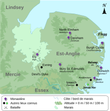 Carte situant les principaux lieux du royaume d'Est-Anglie à l'époque de Ricberht.