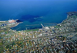 Aerial view of Dunkirk, facing north over Lake Erie