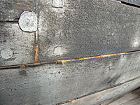 Dried-out caulking on the Severn trow Spry, now displayed on shore