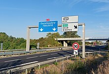 Indication de l'échangeur de Bram sur l'autoroute A61.