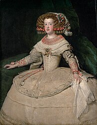 Maria Theresa, de Spaanse infanta, in een 17e-eeuwse jurk (Velázquez, 1652-1653). Onder de wijde rok draagt ze paniers.