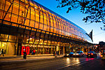 Exterior front entrance facade of the Art Gallery of Ontario at dusk