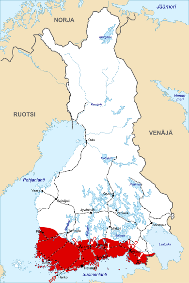 A map illustrates the final battles of the war. The Reds do not mount any more offensives, while the Imperial German Army lands from the Gulf of Finland behind the Reds and captures the capital of Helsinki. The Whites attack all along the front southwards.